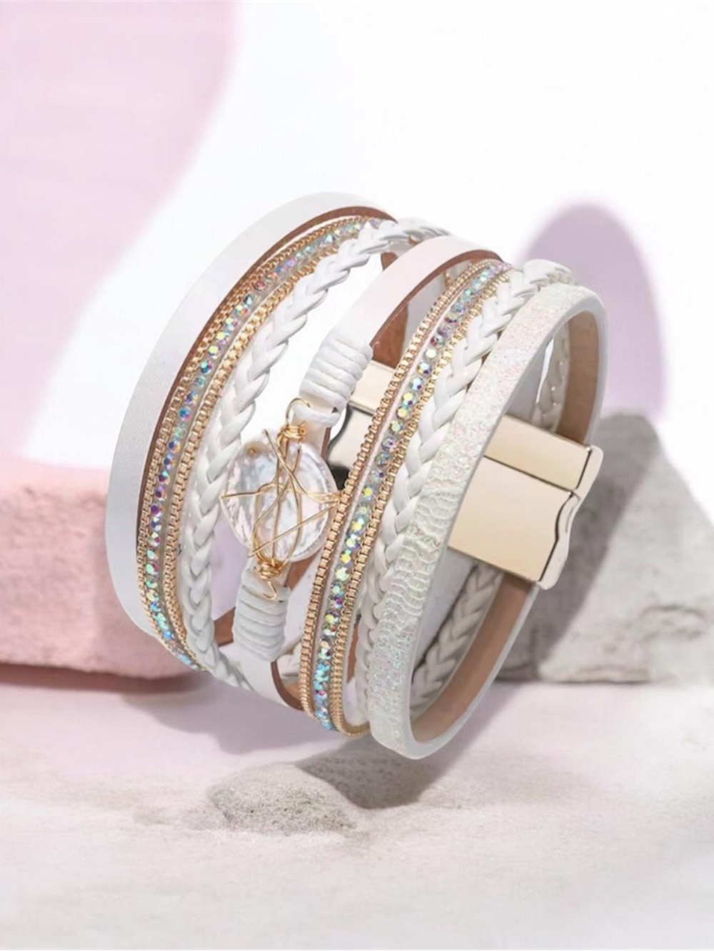 White Boho Multi-Layered Faux Pearl & Rhinestone Wrap Bracelet